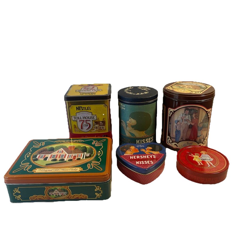 Hershey’s Nestle Toll House Metal Tin Lot Vintage Storage 6 Decorative Tins